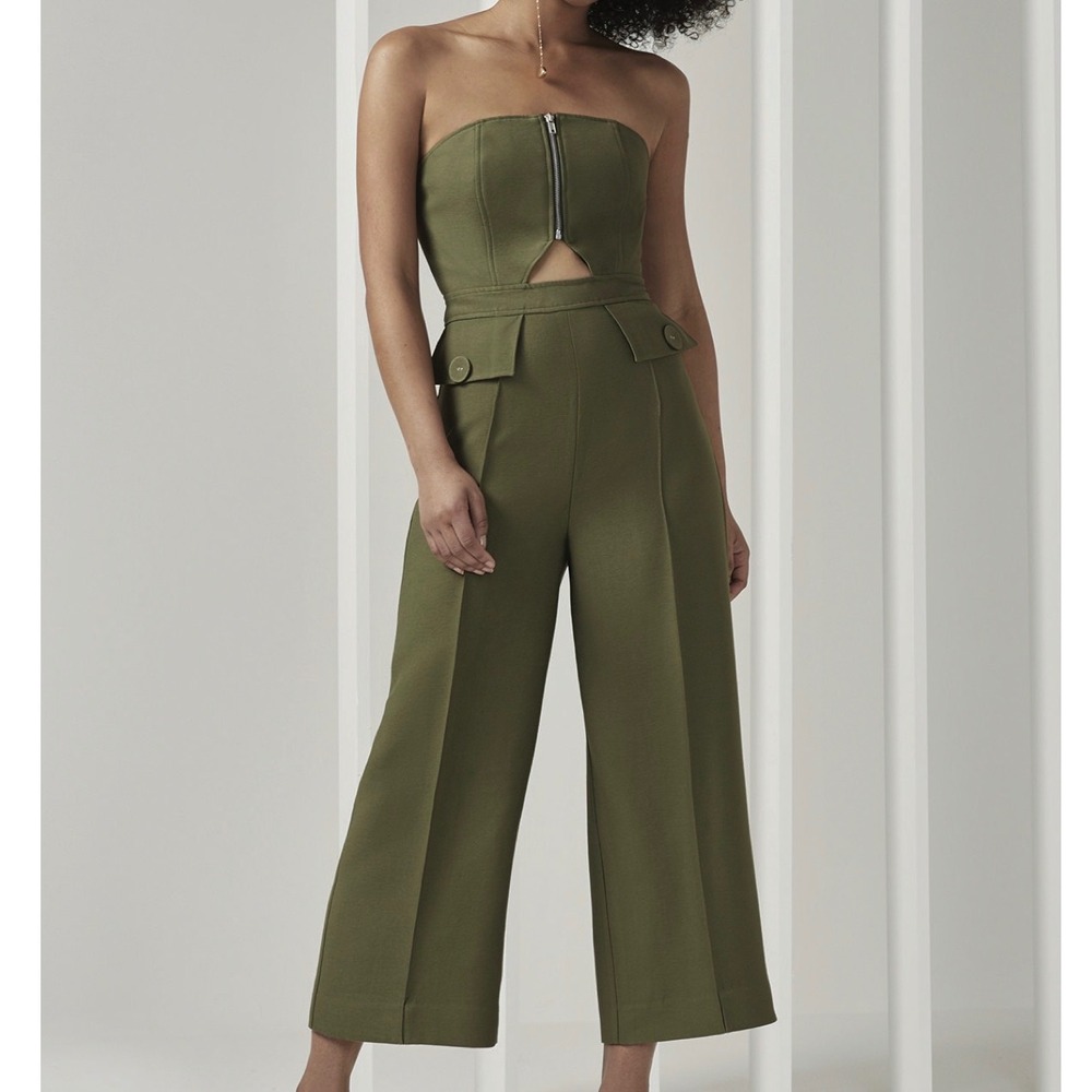 C/MEO Collective Loyalty Olive Green Jumpsuit Strapless‎ Wide Leg Women's Small